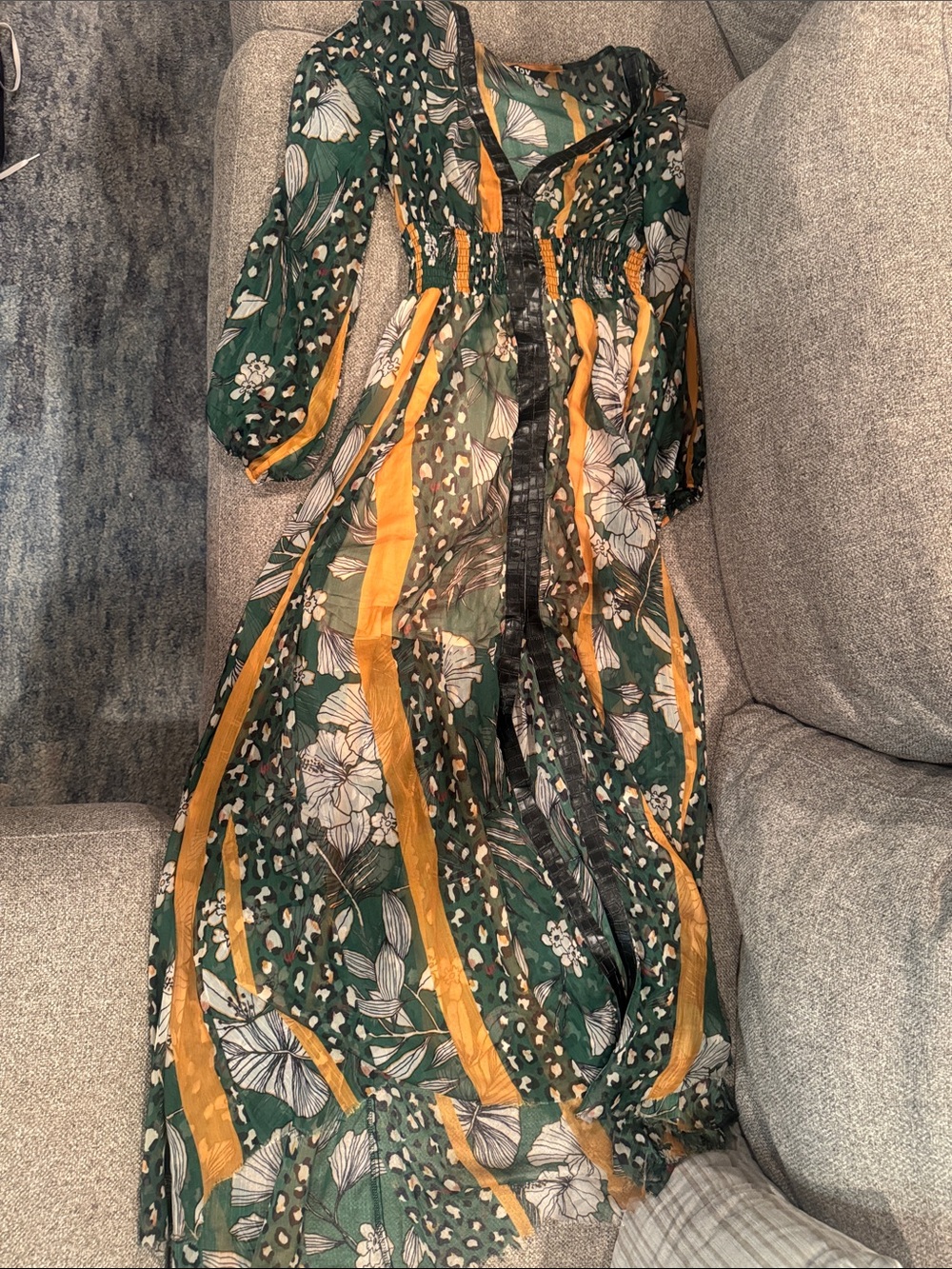 Green Floral Long-Sleeve Maxi Dress with Mustard Stripes